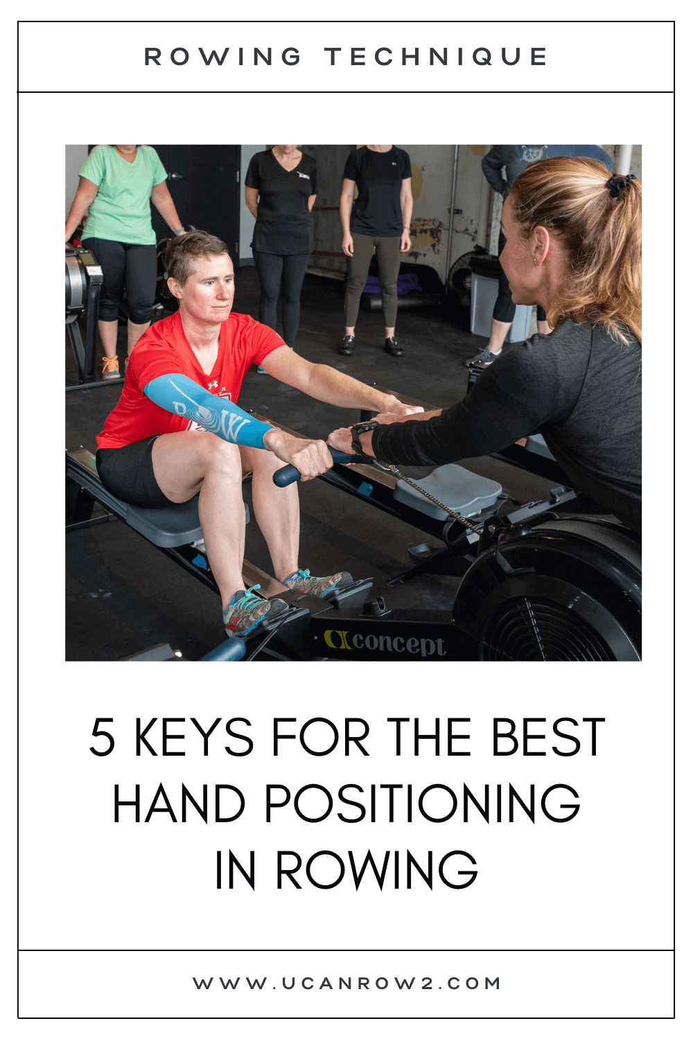 A master rowing instructor teaching a beginner rower the right or proper grip. The best hand positioning in rowing