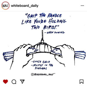 A drawing of two hands holding a rowing machine handle with the handles looking like birds and the text "Hold the handle like you're holding two birds."