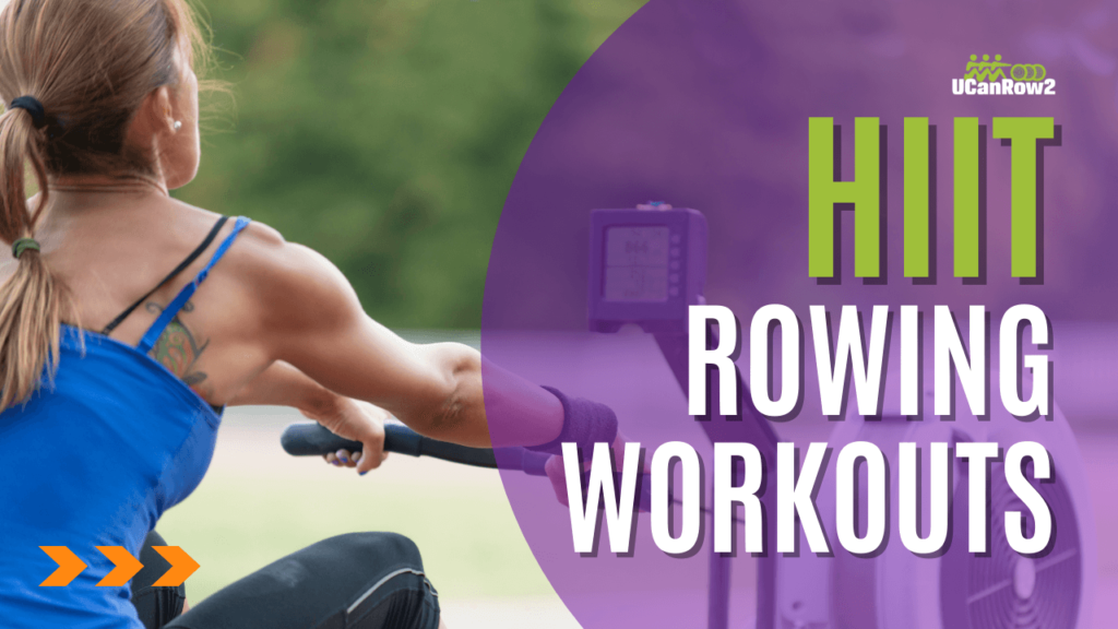The image shows a woman on a rowing machine facing her monitor, with the text "HIT rowing workouts"