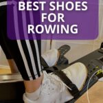 The image shows a rower wearing flat-soled adidas Dropset shoes strapped into a Concept2 rowing machine