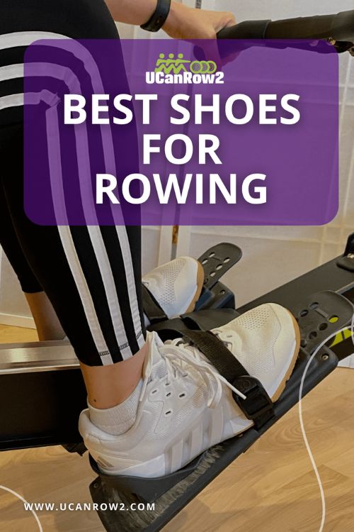 The image shows a rower wearing flat-soled adidas Dropset shoes strapped into a Concept2 rowing machine