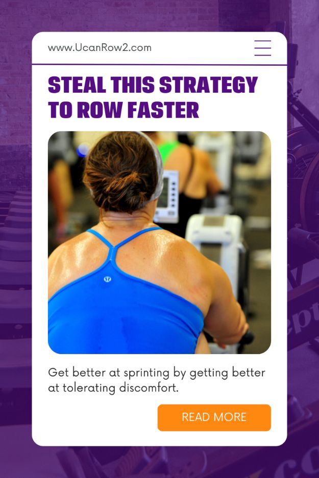 A rower pulling hard on the rowing machine, viewed from behind with sweat on her back. The image has the headline "steal this strategy to row faster"