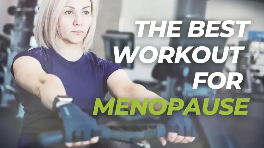 Title image of the blog post, The Best Workout for Menopause. The image is of a middle-aged woman with her hands on the handle of a rowing machine.